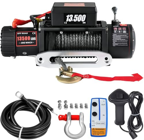 Elektrische Seilwinde 12V 6123 kg/13500 lbs Motorwinde mit 24 m Synthetisches Seil und Drahtlose Fernbedienung, Elektrowinde für Quad Jeep SUV Anhänger Boot