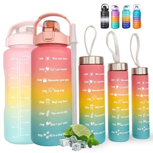 EXGO Lot 4 Gourdes Motivation 4en1 Empilables 2L 900ml 600ml 300ml, Set Bouteille Eau Sport sans BPA avec Marqueur de Temps et Paille, Gourde Étanche, Fitness, Gym, Yoga, Randonnée, Camping, Bureau