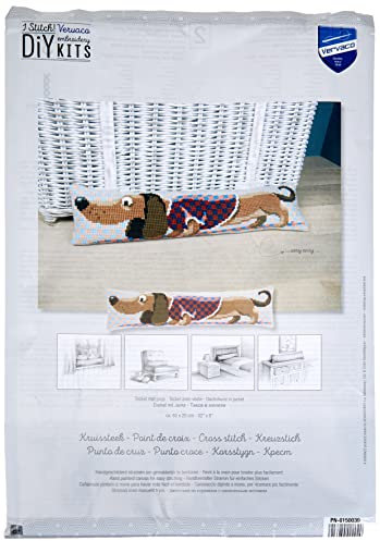 VERVACO Kreuzstich Stickpackungen Dekorative Zugluftstopper Vorgedruckt Kissen Dackel mit Jacke DIY Set Kreativ Set Für Erwachsene ca. 80 x 20 cm Bastelset Handwerker Haus Dekoration