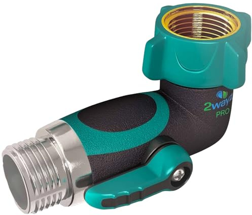 2WAYZ 90 Degree Hose Elbow Angle Connector with Shut Off Valve - 2025 Heavy Duty Model, Water Tube Fittings, 90 Degree Elbow with Two Shut Offs, Compatible with Garden Hose and Spigot - Green