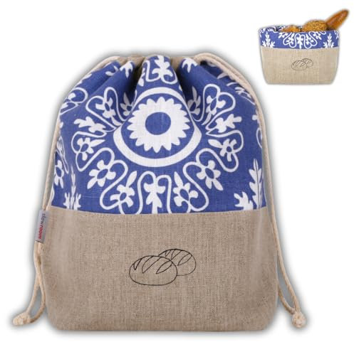 slowroom Sacco per Pane 30 x 34 cm e Cesto per Pane in Tessuto 2 in 1 - Doppia Fascia di Lino - Sacchetto per panini Traspirante e Decorativo - Facile da Mantenere