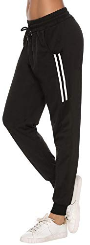 Sykooria Pantalones Deportivos Casuales para Mujer Pantalones de Jogger de Cintura con Cordón de Algodón Pantalones de Chándal Suaves y Ligeros con Bolsillo, Negro, L