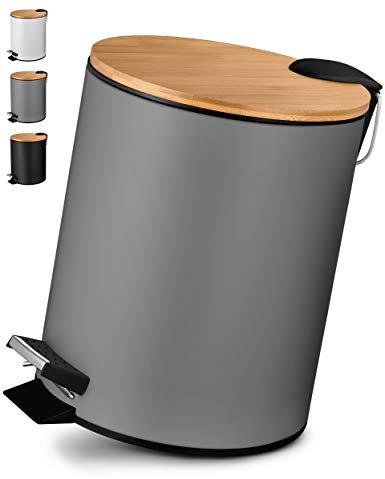 VMbathrooms 5L Kosmetikeimer in edlem grauem Design | Tretmülleimer mit Absenkautomatik (Soft Close) | Eleganter Eimer fürs Bad mit Innenbehälter und Bambus-Holzdeckel