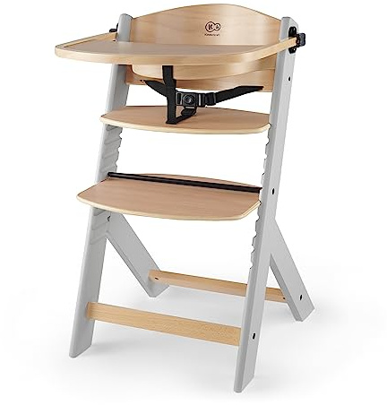Kinderkraft Wooden Highchair 3 in 1 ENOCK, Multifunctional Baby Chair, Ajustable Heigh and Footrest, Safety Harness, with Detachable Tray, for Children up to 10 Years, Wooden Gray