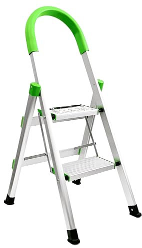 StepIt Premium Aluminium 2 Step Ladder - Deluxe Lightweight Folding Stepstool for Kitchen & Home | Anti-Slip Safety Treads with Soft Grip Handle | Compact Storage Design, 150kg Load Capacity