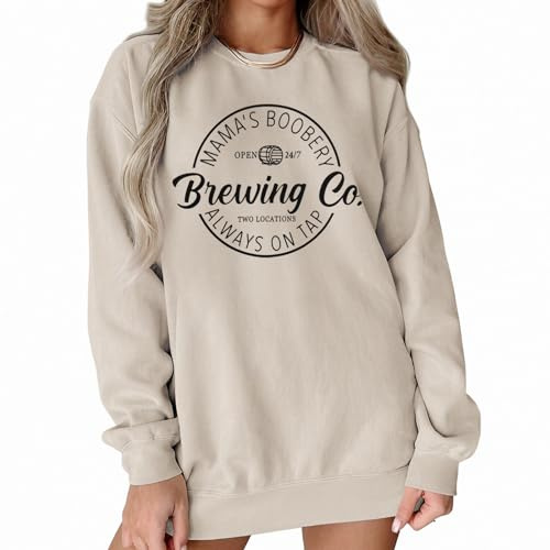 Felpa girocollo da donna a maniche lunghe Mama's Boobery Pullover Top Allattamento al seno Grafico Autunno Maglione Brewing Co Shirt, Apricot, Small
