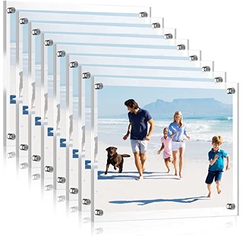 Sintuff 8 Pack Acrylic Floating Picture Frame Wall Mount Frameless Photo Frames Double Panel Clear for Office Home Photography Display (for 8 X 10 Picture,Full Frame 9.2 X 11.4,Silver)
