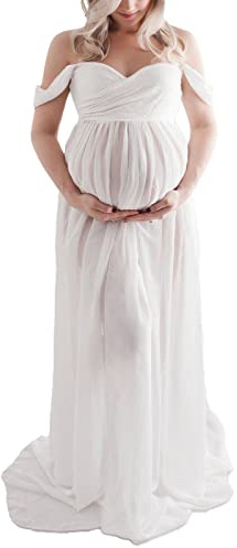Kvinnor Gravidklänning Lång Gravid Klänning Elegant Gravid Lång Klänning för Fotografering Ren Färg Hellängd Off Shoulder Gravidklänning för Bröllopsfest Fotografi Rekvisita (XL)