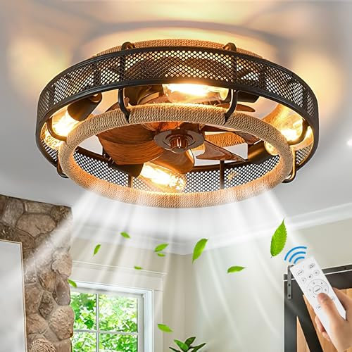 KZT Deckenventilator mit Beleuchtung und Fernbedienung Retro Schlafzimmer Ventilator Deckenleuchte Vintage Eisenkäfig Deckenlampe mit Ventilator Industrial Leise Lüfterlicht für Wohnzimmer Küche