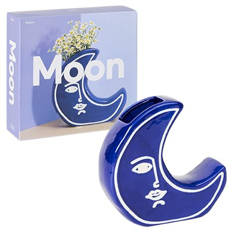 DOIY - Moderne dekorative Vase - Design in Form eines Mondes - Hergestellt aus Keramik - Blumenvase - Dekorativer Blumenhalter - Blau und Weiß - 18x5,5x18 cm