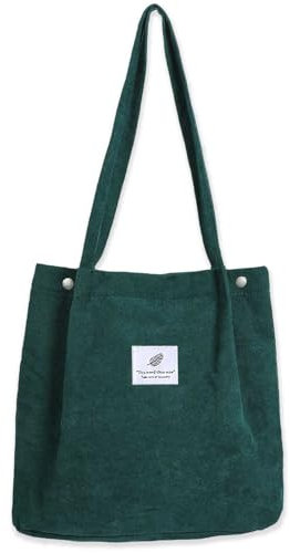 Bikasun Cord Umhängetasche Damen, Groß Schultertasche Cord Tasche Lässige Tote Bag Handtasche, Strandtasche Shopper Einkaufstasche, Stofftasche für Alltag, Büro, Schulausflug, Dunkelgrün