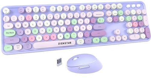 Zienstar-Pack de Teclado y Ratón Inalámbrico Español,Tecla Redondas Retro Vintage,Multicolores-Morado