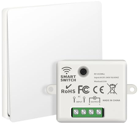 VIPMOON Kit interruttore senza fili senza batteria 10A 240V, interruttore della luce wireless auto-alimentato e telecomando senza fili RF433 per il controllo remoto di luci e dispositivi
