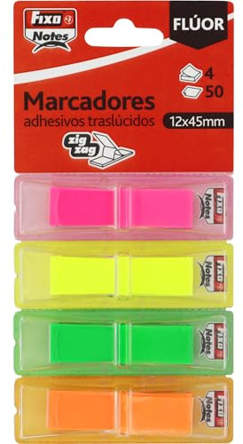 Fixo Notes | Marqueurs adhésifs transparents | 4 couleurs fluo avec distributeur individuel | Chacun avec 50 indices | Plastique Traslu | repositionnable | Imperméable | Matériel scolaire parfait