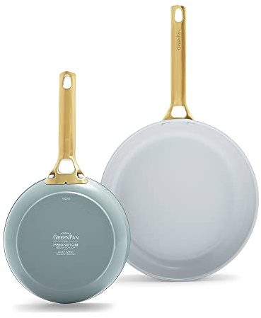 GreenPan Padova Reserve Harteloxierte Gesunde Keramische Antihaft, 2-teiliges Bratpfannenset, 26 cm und 30 cm, PFAS-frei, Induktion, Goldgriff, Spülmaschinenfest, Backofenfest, Rauchblau