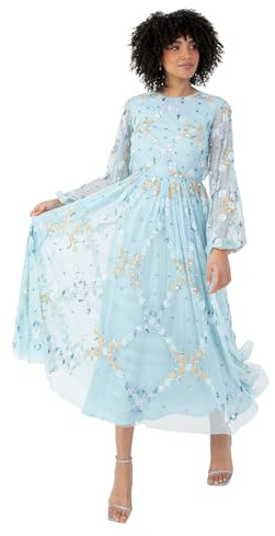 Maya Deluxe kvinnors Midaxi klänning dam lång puffärm rund hals blommig paljett embellished tyll A-line bridesmaid bröllop gäst himmelsblå 46, Himmelsblå, 46 SE