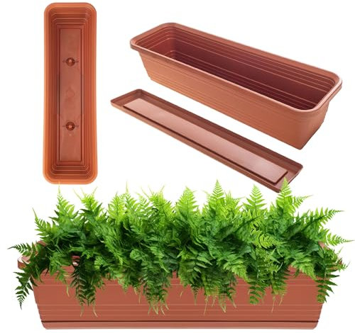 KADAX Fioriera con sottovaso in set, con o senza supporti per fioriere, vaso da balcone in plastica, vaso da giardino, fioriera per ringhiera, vaso (Rosso mattone, 60cm)