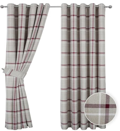 The Mill Shop Hudson Woven Check Eyelet Curtains (1 Pair). Measures 65 x 54 (165 x 137cm). Washable, Lined Eyelet Curtains for Living Room, Bedroom