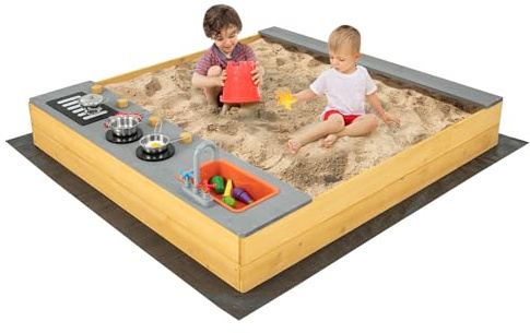 HONEY JOY Kids Sandbox, 2 in 1 Cedar Bottomless Sand Pit & Kitchen Playset, Water Faucet & Sink, Bottom Liner, Realistic Cooking Accessories, Wooden Sand Boxes for Kids Outdoor Backyard