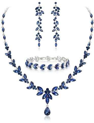 EVER FAITH Schmuckset Österreichisches Kristall Braut Schmuck-Set, elegante Marquise Strass Blatt Halskette mit baumelnde Ohrringe Tennis-Armband-Set blau Silber-Ton