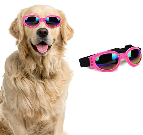 QKEPCY Occhiali per Cani da Sole Pieghevole Pet Dog Occhiali Protezione UV Impermeabili Antineve Antivento Antipolvere per Cani di Taglia Media o Grande(Rosa)