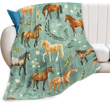 Horse Blanket Cute Horses Flowers Decor Throw Blanket Gifts for Girls Boys Animal Lover Couch Bedding Super Warm Soft Plush Lightweight Fleece Flannel Blanket for Kids Adults Men Women 50X40