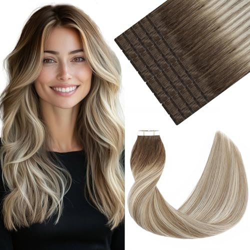 VINBAO Mikro Tape Extensions Echthaar Balayage Walnuss Braun bis Ash Braun und Blonde Haarverlängerung Echthaar Tapes Echthaar Extensions 40cm 20 Stück/50g Tape in 16 Zoll #3/8/22