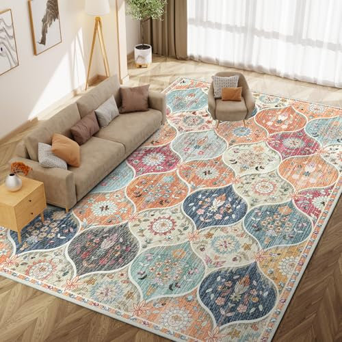 IKALIFE Orange Rugs for Living Room - 120x170 cm Machine Washable Soft Low Pile Non-Slip Vintage Floral Print Area Rugs for Bedroom Lounge Dining Room, Non-Shedding Stain Resistant Carpet