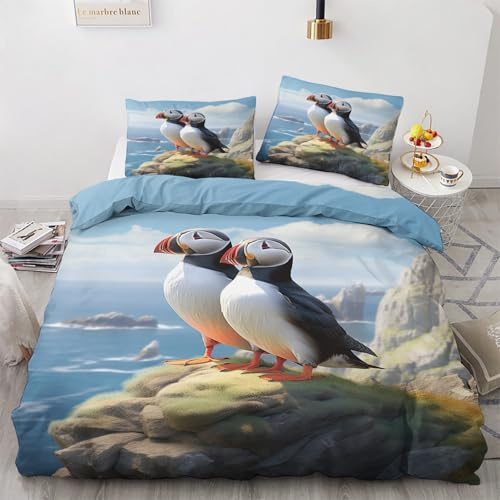 NOGAWA Puffin Super King Size Duvet Cover Sets - Bird Bedding Set - Reversible Quilt Cover & 2 Pillowcases with Zip and Ties, Ultra Soft and Non Iron Brushed Microfibre Bed Set