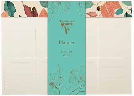 Clairefontaine - 116254C - Un Bloc Planner à rivets 24x17 cm - 60 Feuillets Imprimés Détachables - Papier 90g - Décor Floral beige - Planificateur hebdomadaire - Planning Hebdomadaire - Gaïa beige