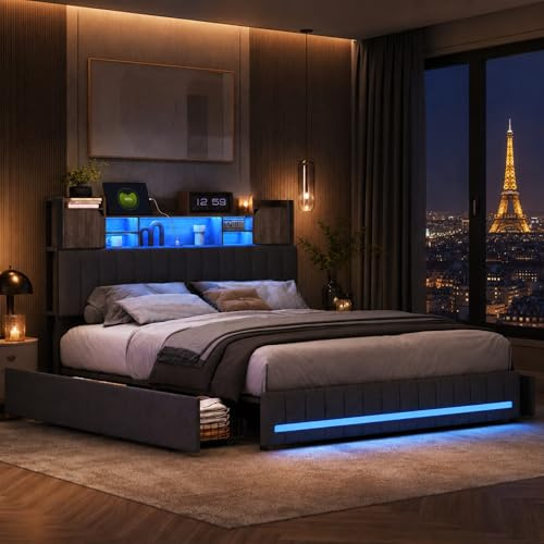 LIVLUX Lit 140x200 avec Sommier LED et USB,Lit Double rembourré avec sommier à Lattes et 4 Tiroirs,Tete de lit avec Rangement,2 Personnes pour Adultes et Adolescents,Lin (Gris, 140 x 200 cm)