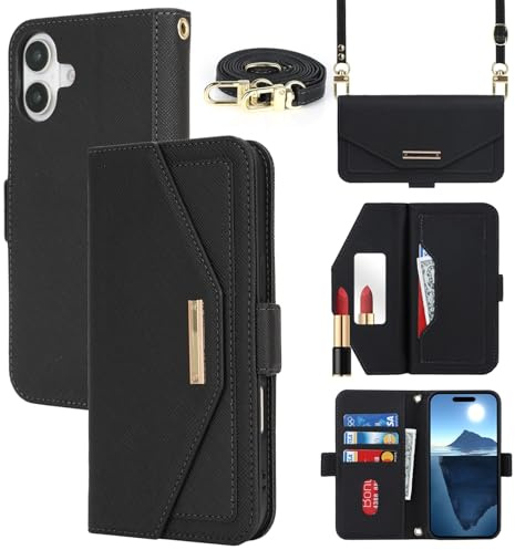 CAVOR Handykette Handyhülle kompatibel mit iPhone 16 Hülle Mit Band,Flip Leder Geldbörse Hülle,[Spiegel][5 Kartenfach],Klapphülle Handytasche mit Umhängeband - Schwarz