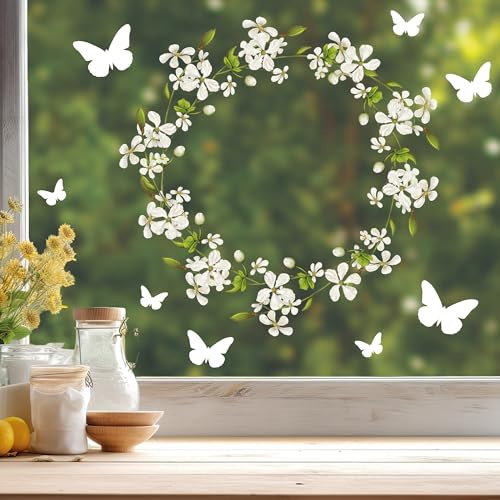 Wandtattoo Loft Fensterbilder Frühling Blütenkranz & Schmetterlinge – A4 Bogen, Wiederverwendbar – Frühlingsdekoration für Fenster