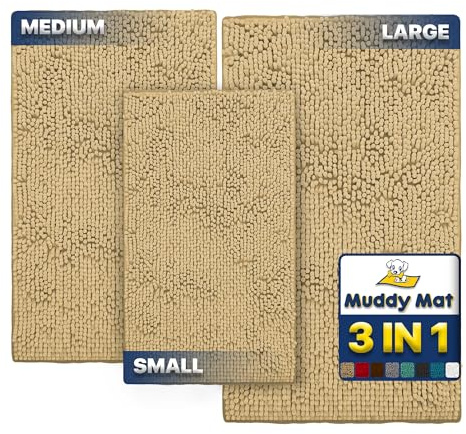 Muddy Mat® Pack of 3 Highly Absorbent Microfiber Dog Door Mat and Pet Rug, Non Slip Thick Washable Area Mat Soft Chenille for Kitchen Bathroom Bedroom and Outdoor - Beige Small, Medium & Large