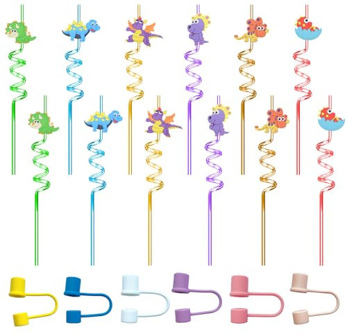 OAOSDH Paja De Dinosaurio De 12 Piezas Y Cubierta De Paja De Silicona De 6 Piezas, Linda Paja Creativa, Paja Reutilizable, Paja Infantil.