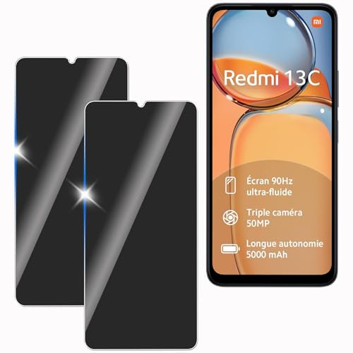 KULAIKE【2 Piezas Protector Pantalla Privacidad para Xiaomi Redmi 13C,Cristal Templado Anti Espía,Sin Burbujas,Anti-Espía Vidrio Película,Privacy Screen Protector,9H Dureza,Anti-Arañazo
