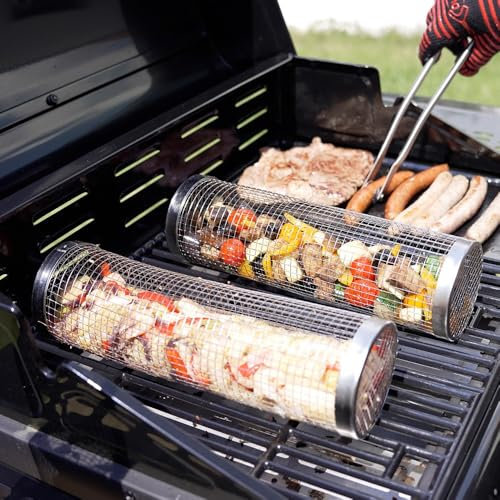 Durandal Selection- Paniers cylindriques de cuisson pour barbecue -Grillades à 360°-Lot de 2 grilles 30cm en acier inoxydable