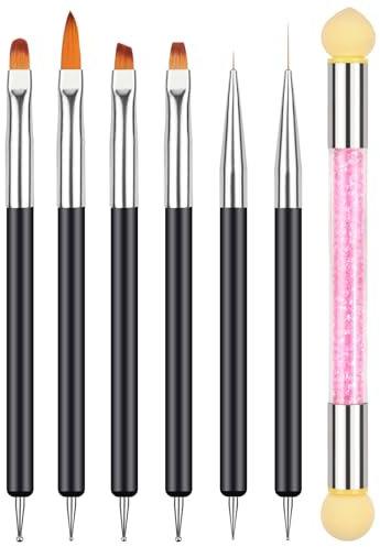 BUTBU Pennelli Nail Art Set di Pennelli, 6 Pezzi Pennelli e Spugna di Pennellino, per Unghie in Gel per Disegnare DipingereLlinee e Fiori per Nail Art per Il Design Delle Unghie