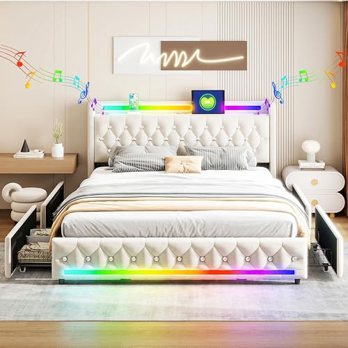 XMETPR 140x200cm Samt Beige Bettgestell mit 4 Schubladen | USB & Type-C Ladestation, Polsterbett, Bluetooth-Lautsprecher, LED-Beleuchtung, Holzlatten
