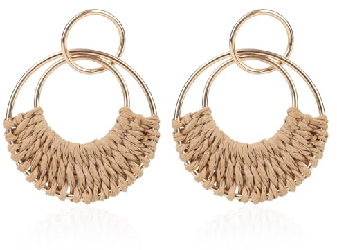 Mikovivi Boucles d'Oreilles Femme Paillette, Grandes Boucles d'Oreilles Paille en Boho Style Rotin Amusant Bijoux Bohémiens Tropicaux Tissés à Main pour Fête l'Été et Vacances Plage