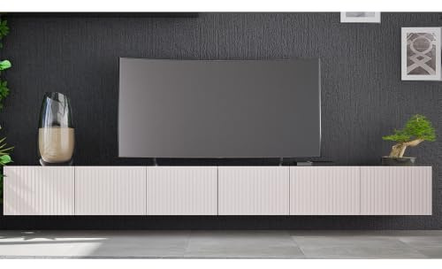Lomadox Wohnzimmer Lowboard in Kaschmir mit Rillenfront 300 cm breit mit 6 Softclose-Türen wandhängend oder mit Füßen montierbar