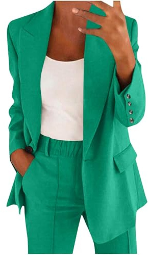 Women's Trouser Suits Plus Size Elegant Work Business Office Ladies 2 Piece Outfits Blazer Outfit Set Casual Button Dressy Formal Jacket and Elasticated High Waist Trousers with Pockets Green