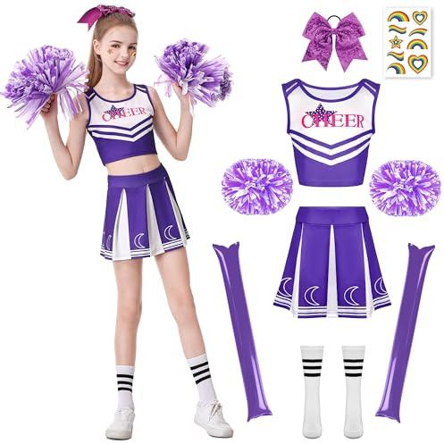 Charmofun Deguisement Pompom Girl, Costume Cheerleader Fille avec Barrette Nœud, Bâton de Majorette, Pompons et Chaussettes, Cheerleader Enfant Uniforme pour Halloween Carnaval Fêtes (Violet, 150CM)