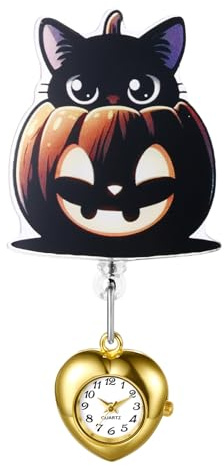 JewelryWe Halloween Krankenschwester Uhr Schwesternuhr Gothic Skelett Totenkopf Mädchen Katze Krankenschwesteruhr Herz Einziehbar Taschenuhr Analog Quarz Pflegeuhr Ansteckuhr für Damen