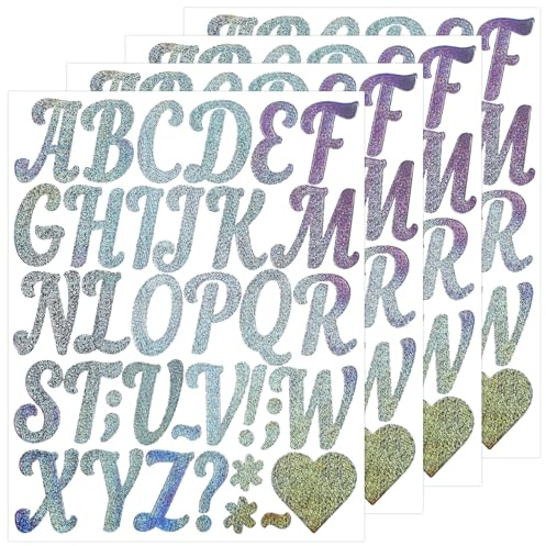 BINLINHONGO Glitter Letter Stickers, 4 Sheets 2 Inches Self-Adhesive Vinyl Letters Alphabet Sticker Decals for Scrapbook,Door,Mailbox,Bulletins Boards - Silver