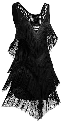 OMEWEE Women Tassel Latin Dance Dress Sexy Cocktail Party Fringe Flapper Fancy Dresses 1920s Gatsby Glittery Rhinestones Tango Samba Cha Cha Rumba Dress Sparkly Ballroom Dancewear Black Medium