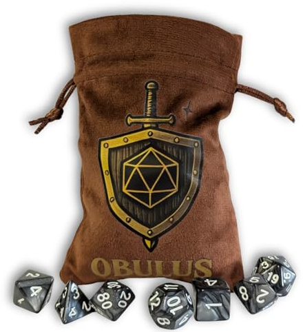 OBULUS Set med 7 polyhedrala tärningar RPG (D4-D6-D8-D10-D12-D20-D%) - marmorerade grå rollspel tärningar med sammetspåse - DND-tillbehör, Pathfinder, JDR, bordsspel