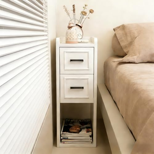 BERRY NEST Narrow White Nightstand, Wood Slim Bedside Tables for Small Bedroom, Modern End Table with Drawers, Perfect for Apartments, Rente