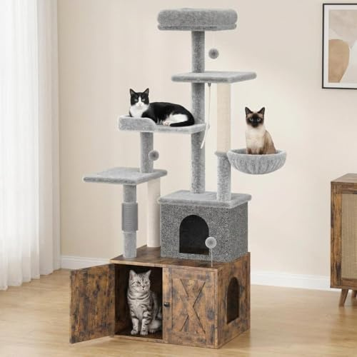 Litter Box Enclosure Cat Tree, Tall Cat Tower for Indoor Cats, All-in-One Modern Cat Condo, Hidden Litter Box Enclosure Furniture, with Cat House, Sisal Posts, Greige and White 140Cm