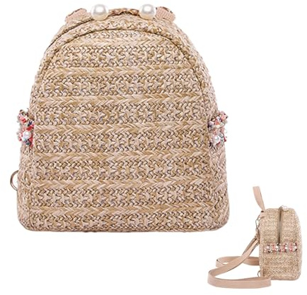 Beaupretty Mochila Pequeña Mujer Casual de Paja Tejida, Color Caqui Oscuro, Mini Bolso de Ocio para Dama, Mochila de Viaje para Mujer, Adecuado para Actividades al Aire Libre y Uso Diario